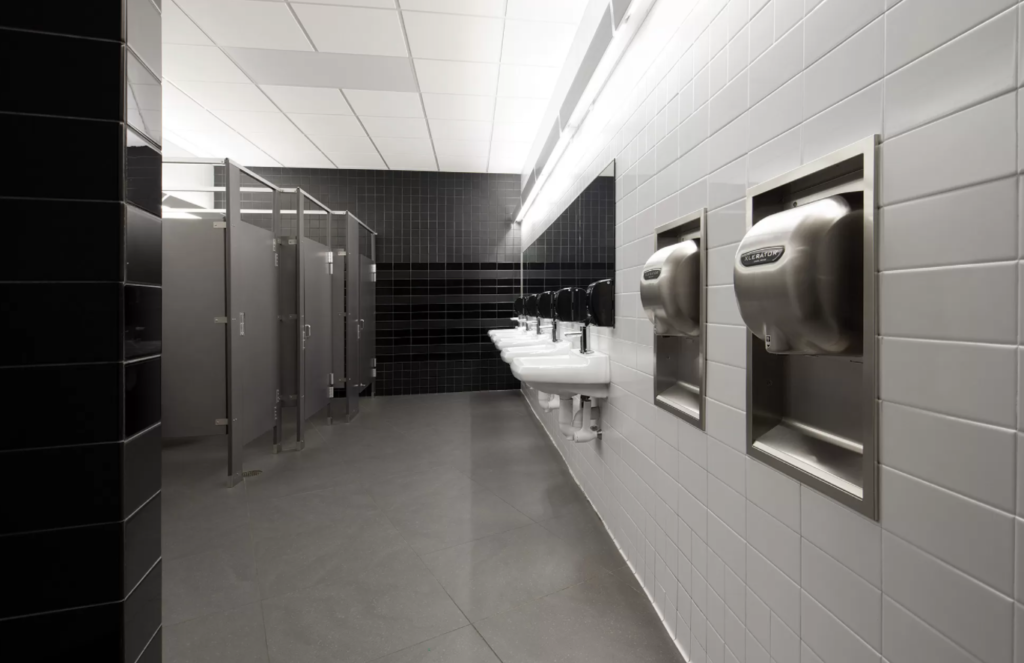 Full Restroom featuring XLERATOR Hand Dryer with Recess Kit